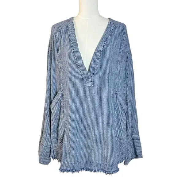 Free People Bohemian By The Shore Tunic Shirt Indigo Stripe Medium Coastal